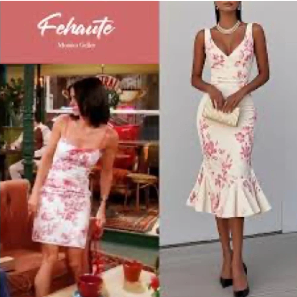 FEHAUTE Pink Floral Mermaid Skirt V Neck Sleeveless Mermaid Midi Dress Size 4 - Picture 6 of 11